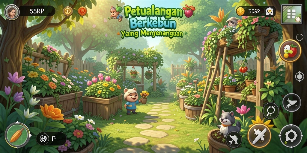 Screenshot utama menunjukkan gameplay berkebun yang seru dan interaktif di 55RP.
