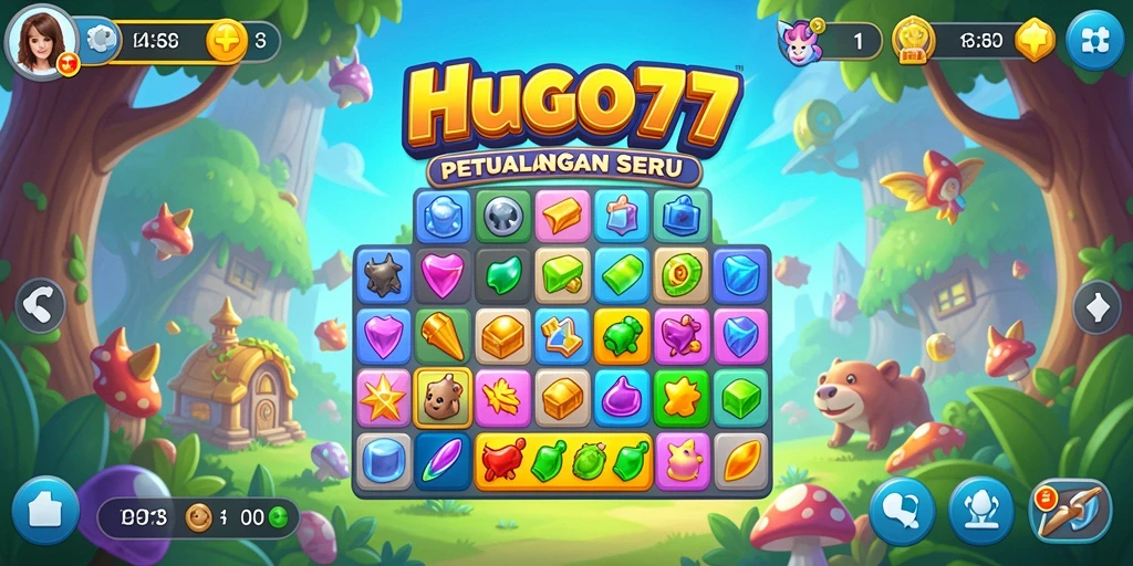 Tampilan gameplay HUGO77 yang penuh warna dan menantang.