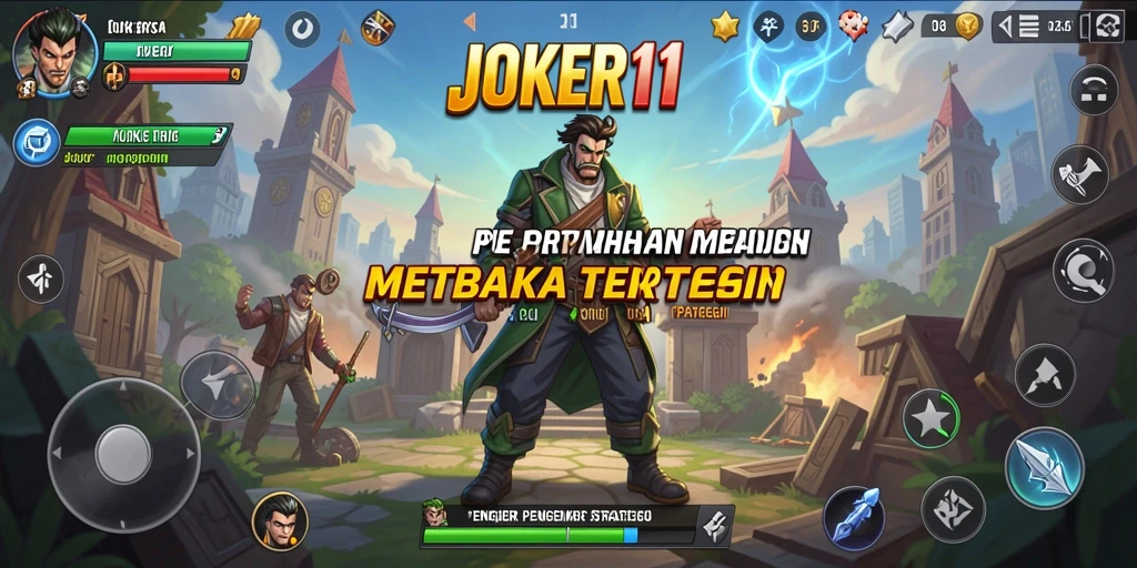 Tampilan permainan JOKER11 dengan menara dan serangan musuh yang intens.