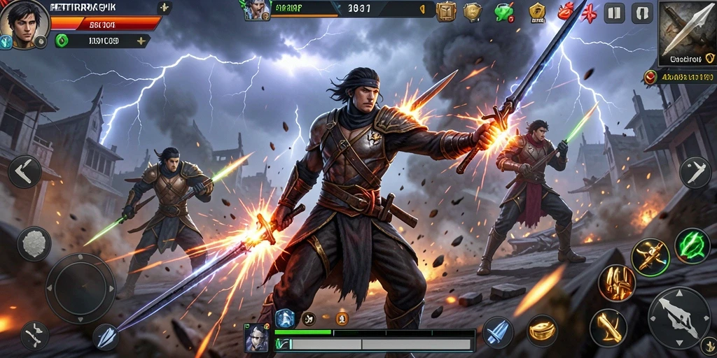 Tangkapan layar utama menunjukkan pertarungan intens di arena.