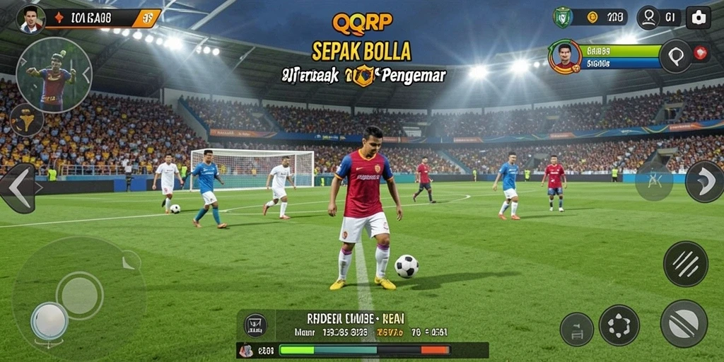 Screenshot menunjukkan aksi seru di lapangan sepak bola QQRP.