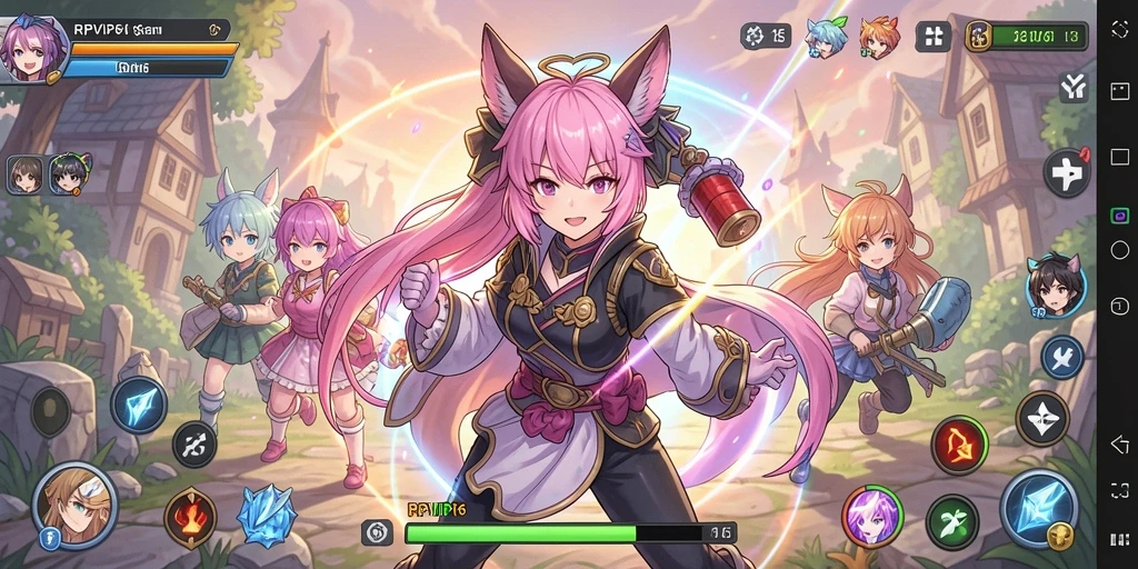 Screenshot gameplay RPVIP6 menampilkan karakter anime dalam pertarungan seru.