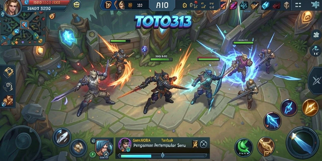 Screenshot menunjukkan aksi pertempuran seru dalam game MOBA.